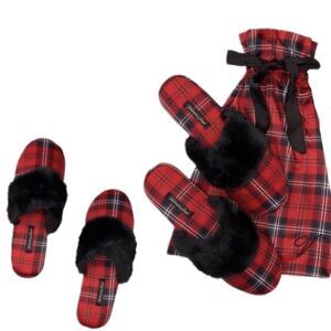 NEW Victoria Secret Signature Satin faux fur slides slippers Plaid Red